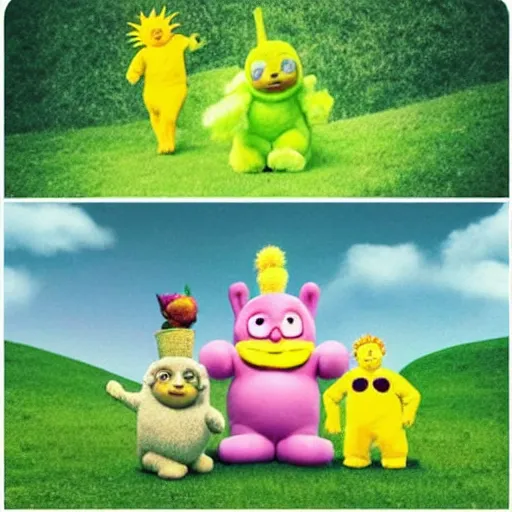 Prompt: Cute but disturbing kids TV show characters in the style of In The Night Garden and Teletubbies