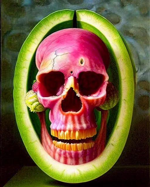 Image similar to interdimensional human watermelon skull being made out of fruits, ethereal still life renaissance painting by giuseppe arcimboldo and alex grey