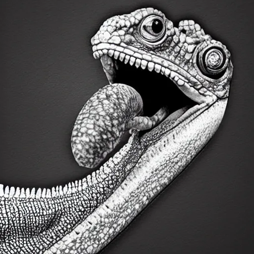 Prompt: the long and sticky tongue coming out of a chameleon mouth, artprint, black and white.