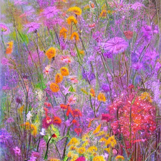 Image similar to mild by peter sculthorpe. this installation art is a large canvas, covered in a wash of color. in the center is a cluster of flowers, their petals curling & twisting in on themselves. the effect is ethereal & dreamlike, & the overall effect is one of serenity & peace.