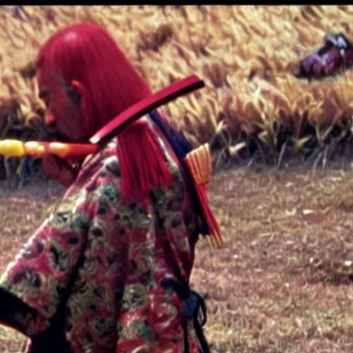 Image similar to scene from Kagemusha, 1980, movie still, cinematic, a samurai eating a hot dog, mustard and ketchup,