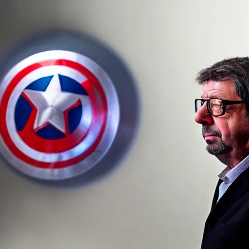 Image similar to Jean-Luc Mélenchon cospalying as a Marvel superhero, studio lighting