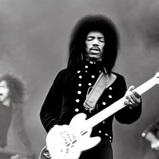 Image similar to jimi hendrix as the singer of black sabbath in a big stadium concert