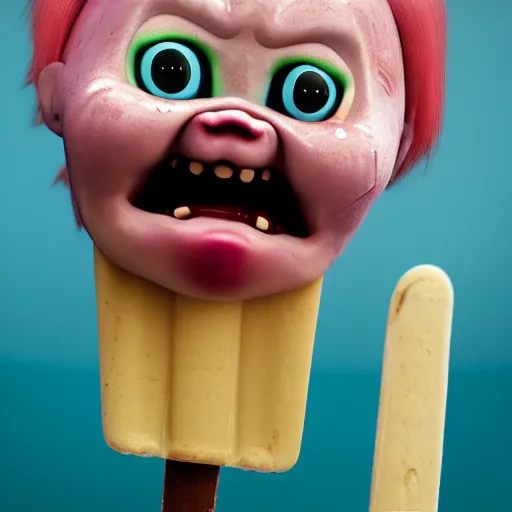 Image similar to ice cream popsicle shaped like screaming chucky doll, octane render, ultrarealistic