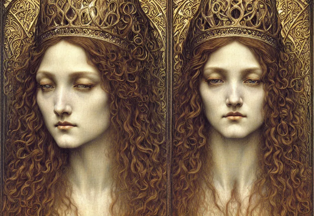 Image similar to detailed realistic beautiful young medieval queen face portrait by jean delville, gustave dore and marco mazzoni, art nouveau, symbolist, visionary, gothic, pre - raphaelite. horizontal symmetry