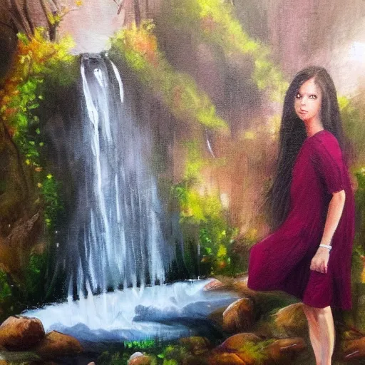 Prompt: beautiful girl, standing in waterfall, portrait, painting, art, soft lightning