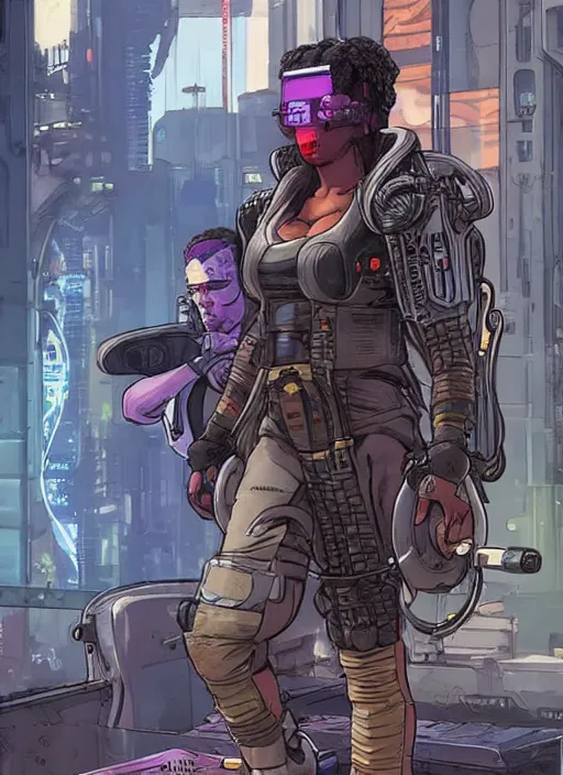 Image similar to apex legends cyberpunk weight lifter. concept art by james gurney and mœbius. cinematic, dramatic lighting ( cyberpunk 2 0 7 7 )