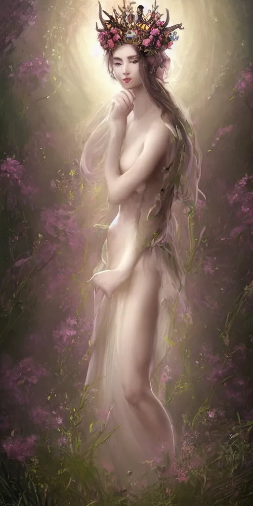 Image similar to A beautiful fantasy empress, full body, just one head, flower tiara, long hair, wearing dramatic aristocrat robe, delicate figure, field of fantasy flowers, foxes and deer, epic composition, ultra wide-shot, dynamic pose, concept art, dramatic lighting, digital painting, smooth, character design, sharp focus, elegant, intricate, trending on artstation, by WLOP and James Jean and Victo Ngai