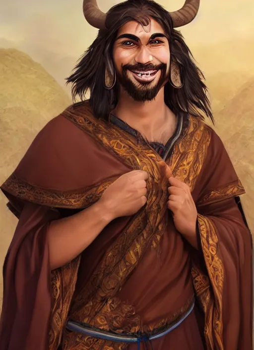 Image similar to a brown haired young tauren with stubble, short hair, wearing brown robes, smiling, close up, portrait style, wisdom, photographic print, artgerm, hyper - realistic