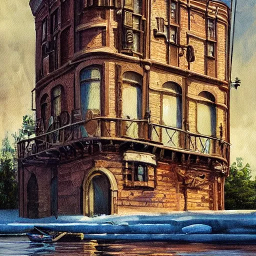 Prompt: a beautiful painting of a building in a serene landscape, steampunk