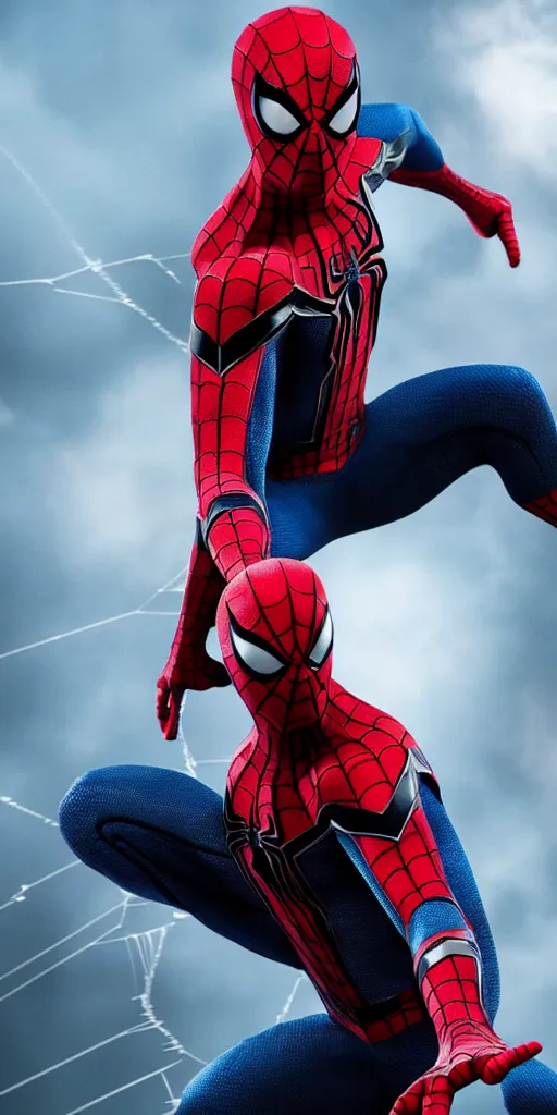 Prompt: Spider-Man's new costume design, intricate webbing, live action, cinematic lighting, rim lighting, 4k, heroic pose