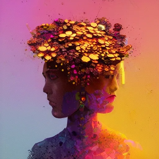 Image similar to a beautiful glitched abstract geometric 3 d render by beeple and artgerm of a bouquet of flowers, color bleeding, pixel sorting, copper oxide and rust materials, brushstrokes by jeremy mann, cold top lighting, pastel purple background, beautiful lighting, trending on artstation