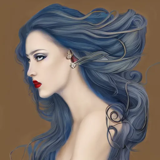 Prompt: character concept portrait of a beautiful woman with pale full face, medusa, with a lot of snakes for hair, blue / grey eyes, elegant, digital painting, art nouveau, smooth, focus, red glow