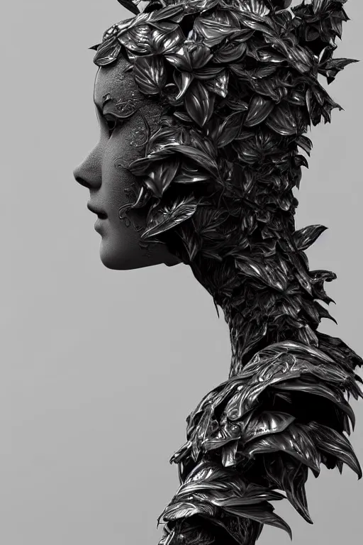 Image similar to bw close - up profile face, black background, beautiful young porcelain vegetal - dragon - cyborg - female, 1 5 0 mm, beautiful natural soft rim light, silver gold details, magnolia leaves and stems, roots, mandelbot fractal, elegant, ultra detailed, white metallic armour, octane render, dora maar