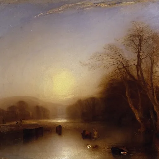 Image similar to rural winter scene by jmw turner, evening light, oil on canvas