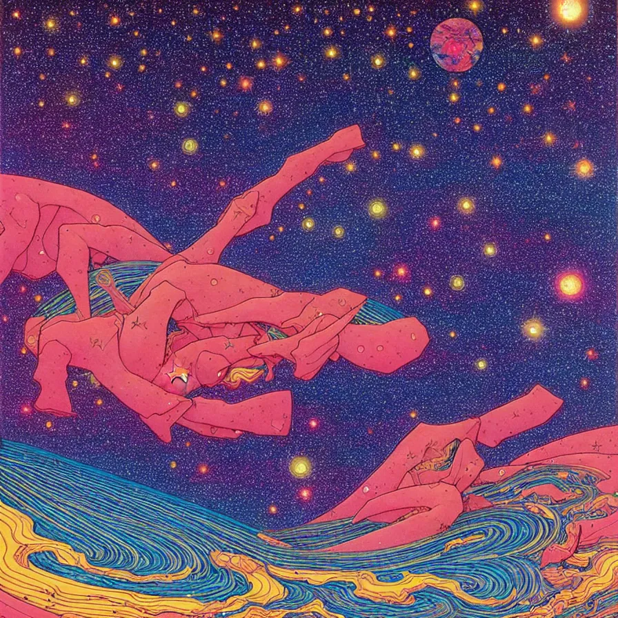 Image similar to ( ( ( ( shinning starry sky ) ) ) ) by mœbius!!!!!!!!!!!!!!!!!!!!!!!!!!!, overdetailed art, colorful, artistic record jacket design