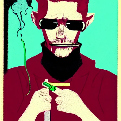 Prompt: a cartoon of a man smoking a cigarette, cyberpunk art by Jamie Hewlett, tumblr contest winner, funk art, synthwave, retrowave, vaporwave