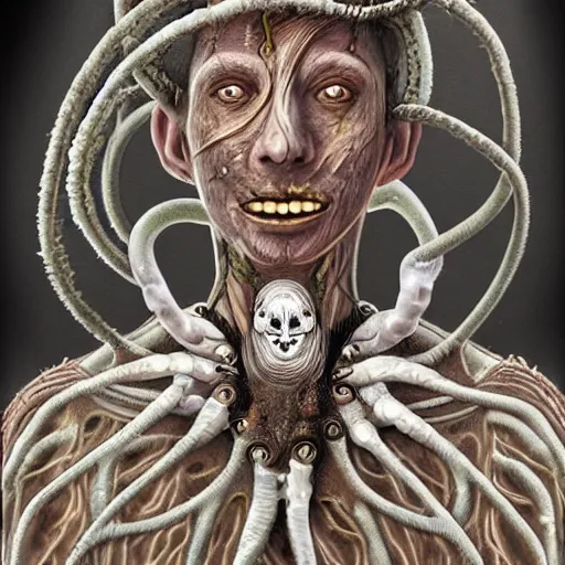 Prompt: a photorealistic portrait of a third eye hyphae shaman with bone virtual reality headset brain - to - brain sensing interface mask made of fungal mycelial mats, with a feathered snake in the mouth, inside embossed tentacular waterly biocouture mechanoid exoskeleton suit