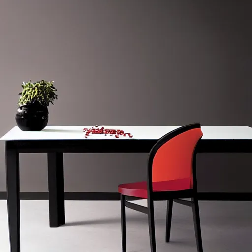 Prompt: cherry wood and black plastic table, modern style, magazine photograph, realistic