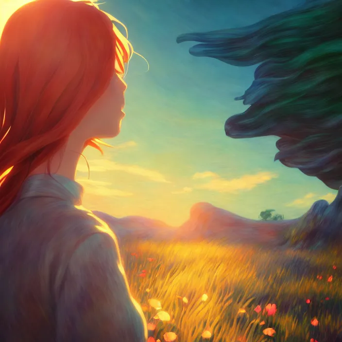 Prompt: an epic makoto shinkai and renoir surreal landscape of a woman's hair that is also a waterfall, 🌺, golden hour, ultra smooth, lois van baarle, ilya kuvshinov, unreal engine, blender, trending on artstation, suntur, caleb worcester, highly detailed, photorealism, bloom effect 8 k