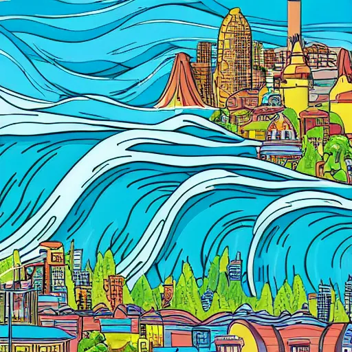 Image similar to towering deep turquoise tidal wave, the wave is crashing down into Springfield where the Simpsons live, on a sunny afternoon, realistic photo of the entire city, UE5