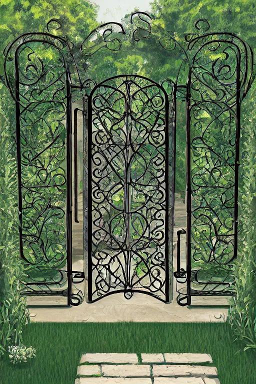 Prompt: beautiful digital painting high quality clear of wrought iron garden gate with a tranquil garden in the background and stone ground Aenami, artstation behance