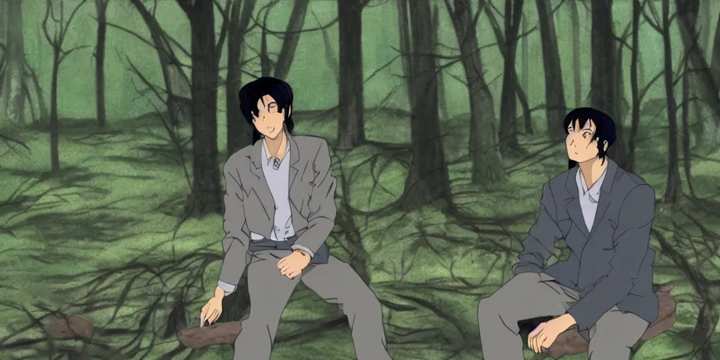 Image similar to a still of a 90s OVA of a man with black hair in a forest