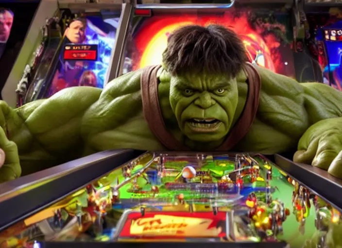 Image similar to film still of Hulk playing pinball in the new Avengers movie, 4k