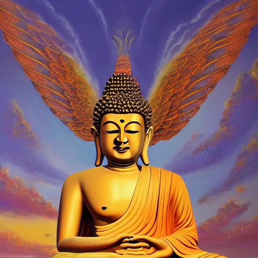 Prompt: Buddha with wings, flapping its wings flying in sunset sky, oil on canvas, portrait, intricate, 8k highly professionally detailed, HDR, CGsociety