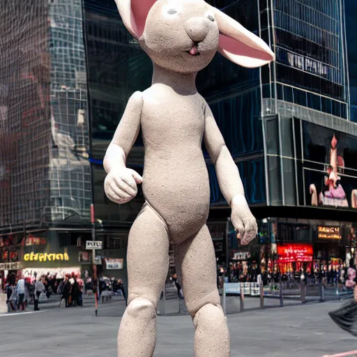 Image similar to an award winning clay sculpture of a funny bunny made by michelangelo, standing in times square, 3 d render, hyper detailed, sharp focus, 8 k resolution