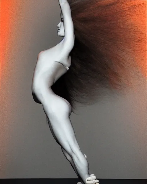 Image similar to expressively dancing on a bold James Turrell lit stage, a beguiling modern dancer dynamic Pantene gorgeous long luxurious hair flowing and flipping, high fashion photograph, isolated on vivid orangered, By Steven Meisel, by WLOP