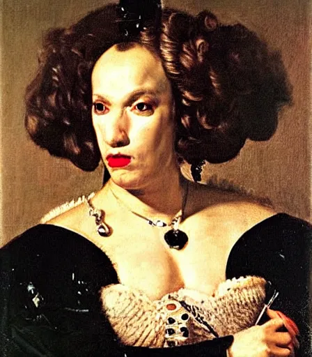 Image similar to a high quality, high detail, portrait of a drag queen by diego velazquez, intense look in the eyes, moody, nostalgic