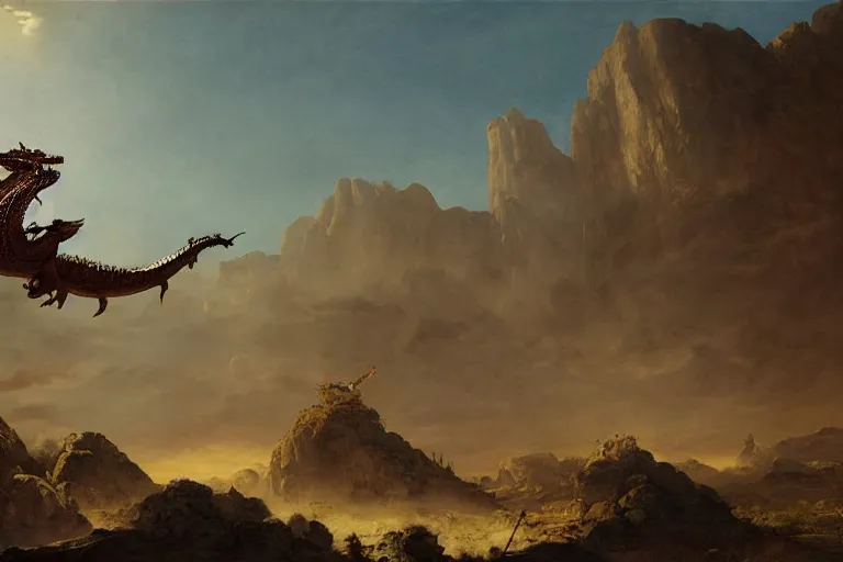 Image similar to shivan dragon from magic the gathering, flying low over an epic desert landscape at dawn by Ludwig Deutsch and Rudolf Ernst, strong dramatic cinematic lighting, lost civilizations, smooth, sharp focus, extremely detailed