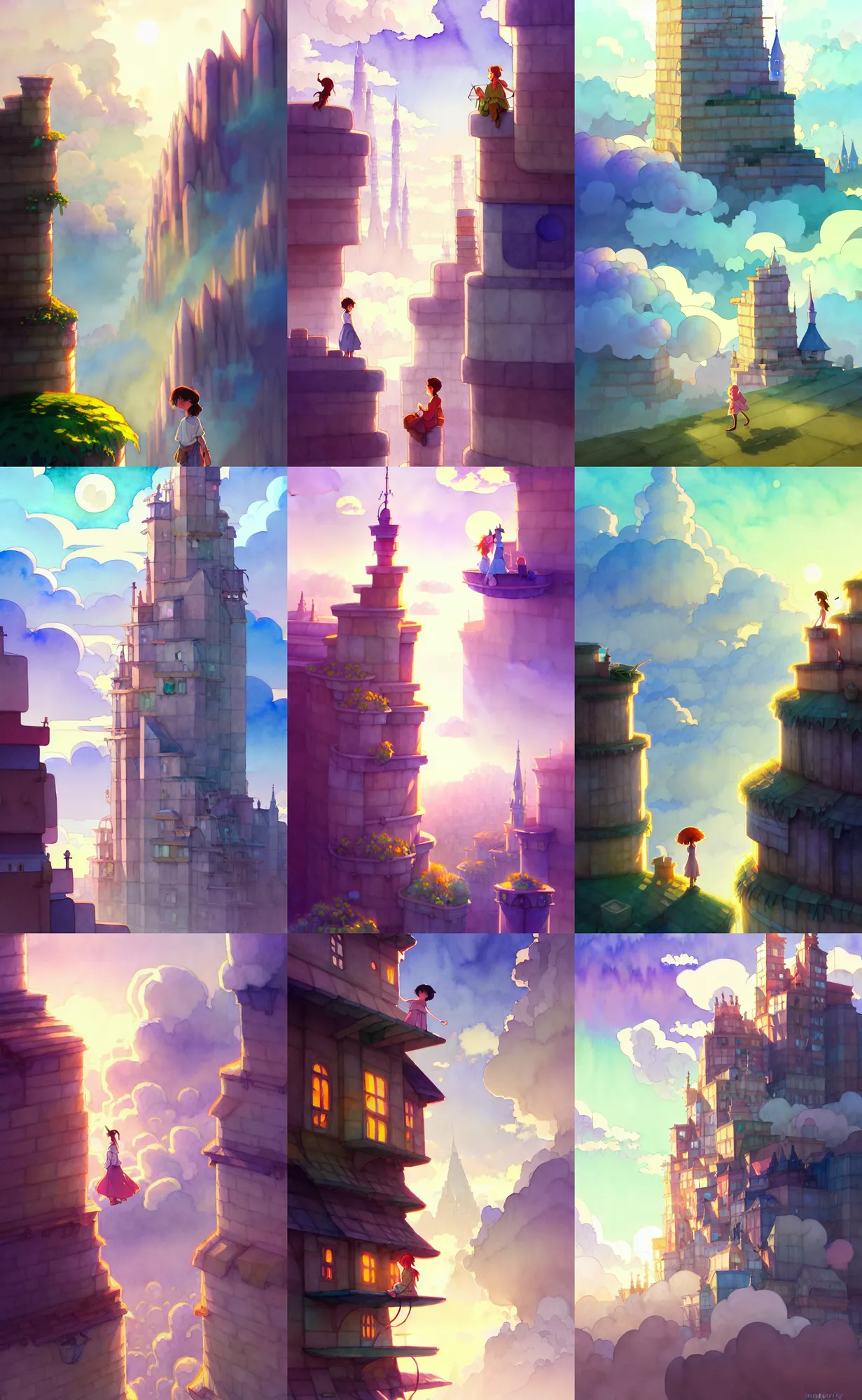 Prompt: a wholesome animation key shot, thin wizard towers of ancient masonry scaffolding, makeshift houses, rise above clouds, studio ghibli, pixar and disney animation, sharp, disney concept art watercolor illustration by mandy jurgens and alphonse mucha and alena aenami, cold color palate, bloom, dramatic lighting