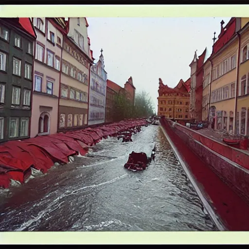 Image similar to Wrocław during 1997 red wine flood, award winning Polaroid color photo