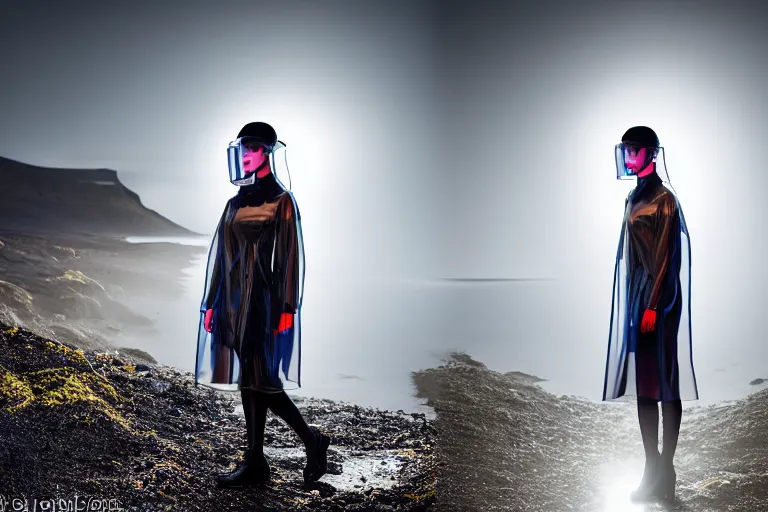 Image similar to an ultra high definition professional high fashion portrait studio full length photograph of a model wearing a transparent pearlescent raincoat and neon visor in an icelandic black rock environment at dawn. no artefacts. extremely detailed. stark. shallow depth of field. volumetric light and shadow. ray tracing. light ray.