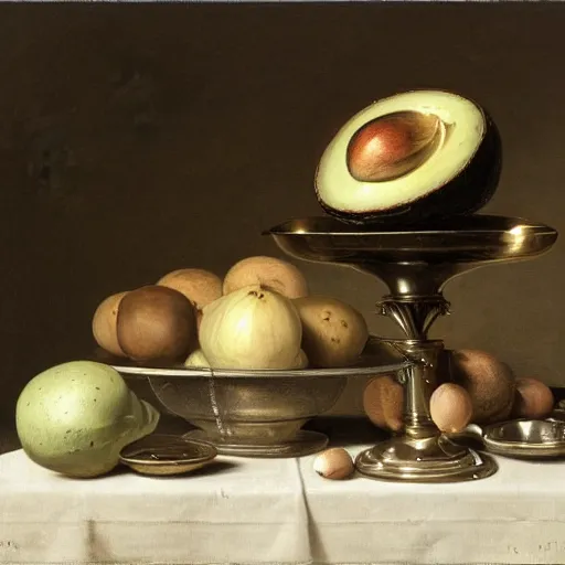 Prompt: still life by willem claesz heda, avocados, bread, linen, a fly, silver, overturned chalice, goblets,