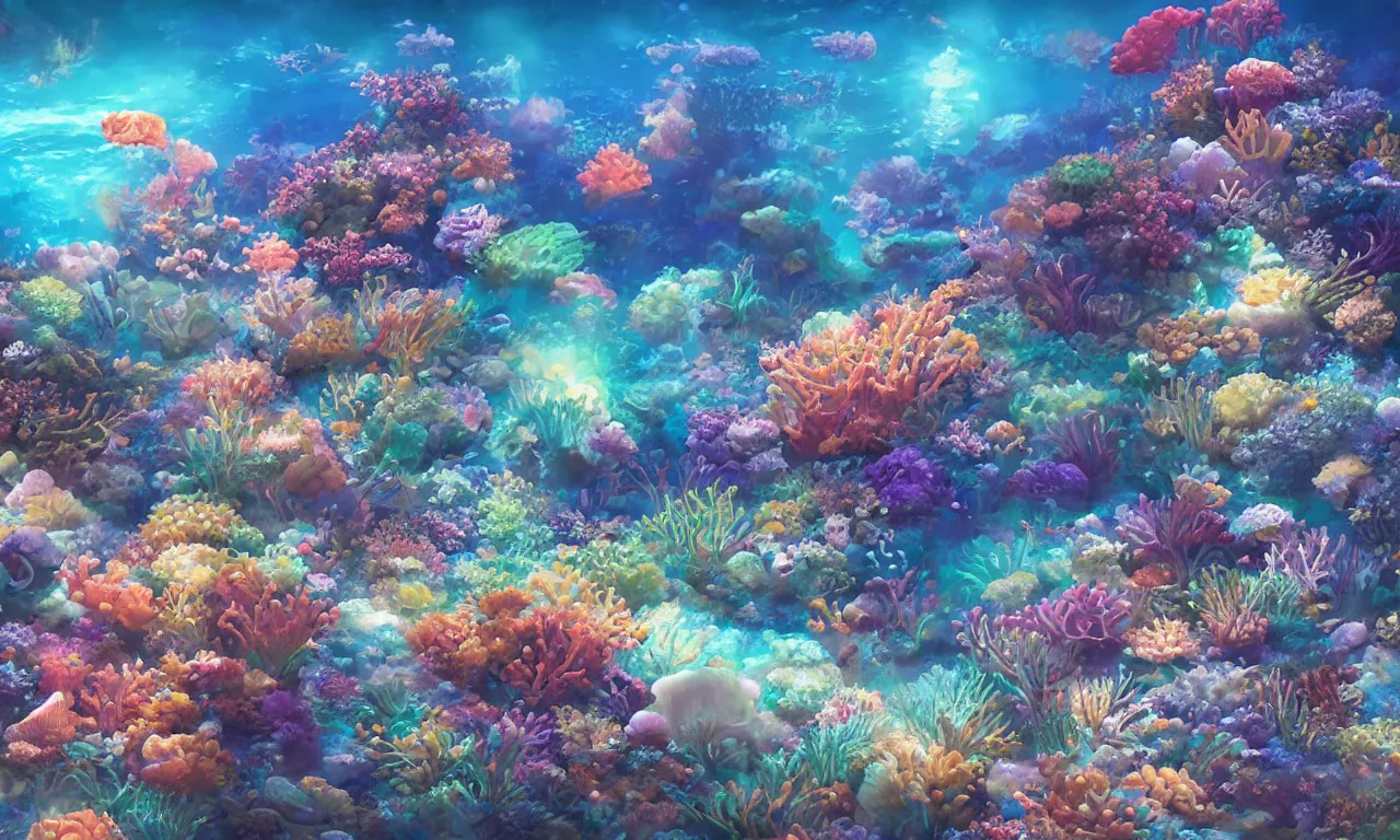 Prompt: a beautiful digital colorful illustration coral reefs, sea life, jelly fishes, bioluminescence by makoto shinkai and thomas kinkade