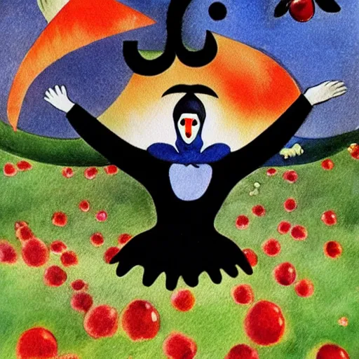 Image similar to impressionist floating technological witch's garden flower puffin punk album cover entree cherry tree, by joan miro and joe jusko and moosa al halyan, 4 k, concept art, watercolor