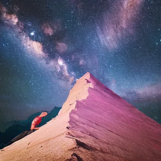 Prompt: dreamscape of a nomad climbing mountains under galactic skies