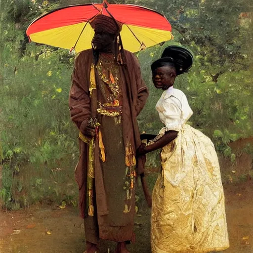 Prompt: portrait of king of dahomey outdoors dressed in airy clothing, with helper holding an umbrella over him, 1905, brightly coloured oil on canvas, by ilya repin