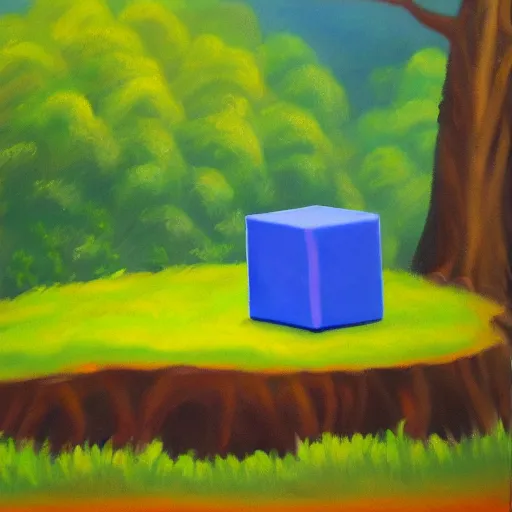 Image similar to oil painting of a blender default cube sitting in the middle of a forest clearing, bob ross