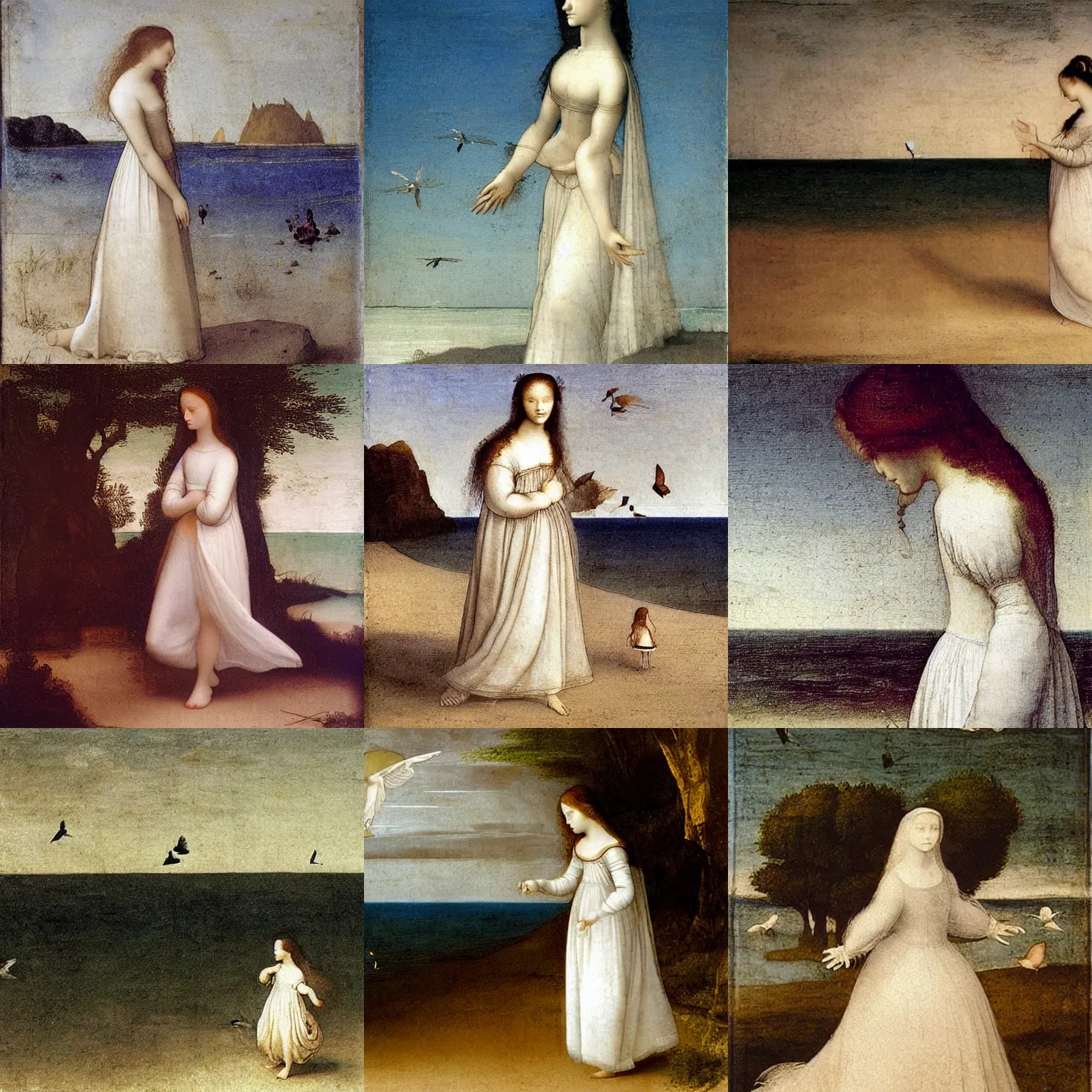 Prompt: A girl in deep thought strolling on the beach in a white gown, birds flying in the distance, a painting by Leonardo Da Vinci