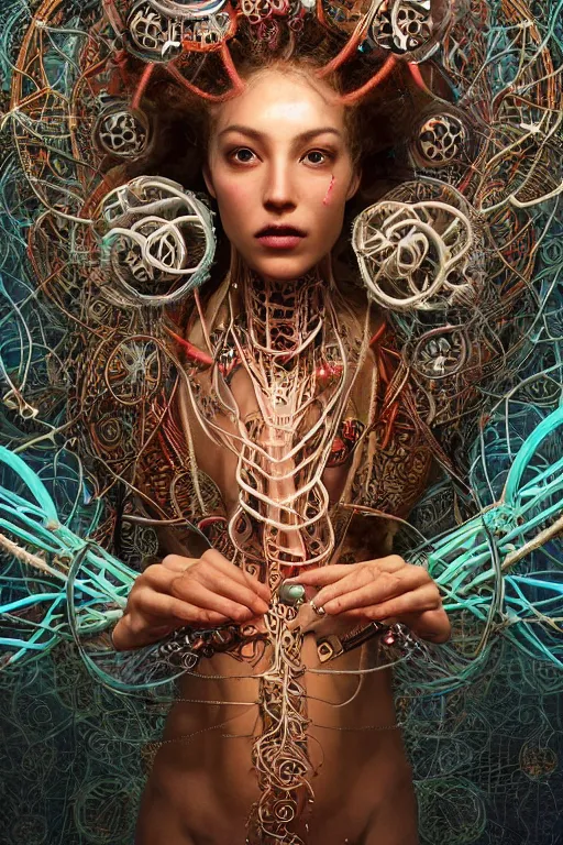 Image similar to an immaculate render of a dancing mystical tribal goddess adorned with robotic scrap and cables and synthesizer parts is surrounded by wild tentacles made from mandalas and incense smoke, full body, perfect face, powerful, cinematic, beautifully lit, by artgerm, by karol bak, 3 d, trending on artstation, octane render, 8 k