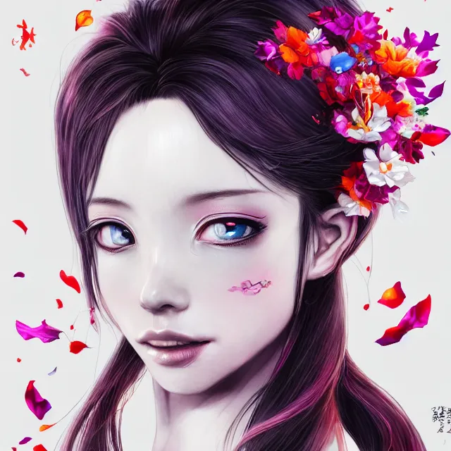 Image similar to studio portrait absurdly beautiful, elegant, graceful, young hypercolorful sensual anime girl rubies red petals gems, ultrafine hyperrealistic detailed face illustration by kim jung gi, irakli nadar, intricate linework, sharp focus, bright colors, matte, octopath traveler, final fantasy, unreal engine highly rendered, global illumination, radiant light, intricate rainbow environment