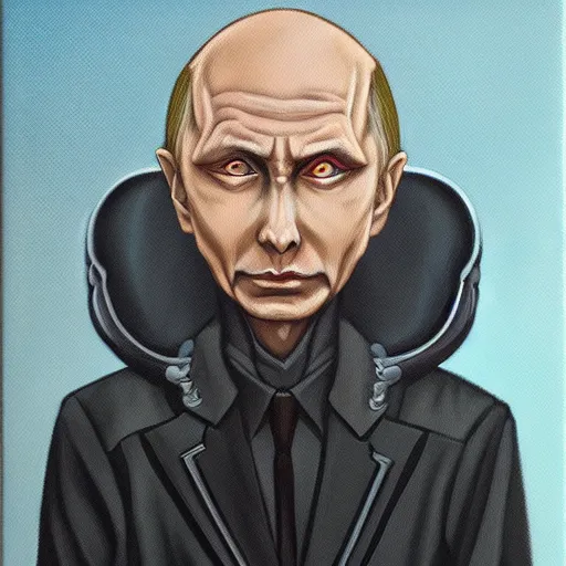 Prompt: Trending on artstation, Grim Reaper Vladimir Putin from Yu-Gi-Oh, in the style of Kazuki Takahashi, oil on canvas