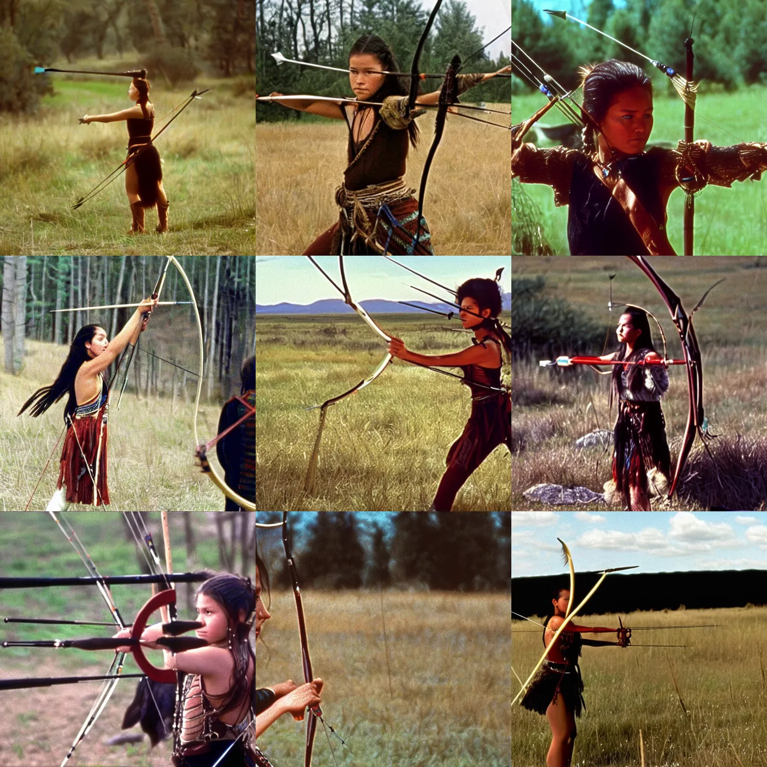 Prompt: A young Mohawk woman, practicing archery with her bow and arrow, film still from 'Dances with Wolves' (1990)