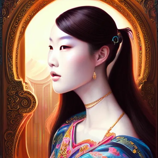 Image similar to symmetrical painting, a beautiful young chinese female in dress, pretty, perfect face, elegant, ornate, luxury, elite, matte painting, by artgrem, by james jean, by ross tran - h 6 0 0