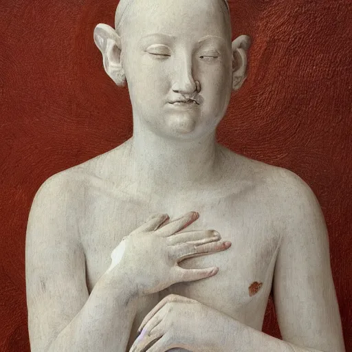 Prompt: a line of detailed white stone ears and hands statures, oil paint, classic art, 1 3 century style, volume light