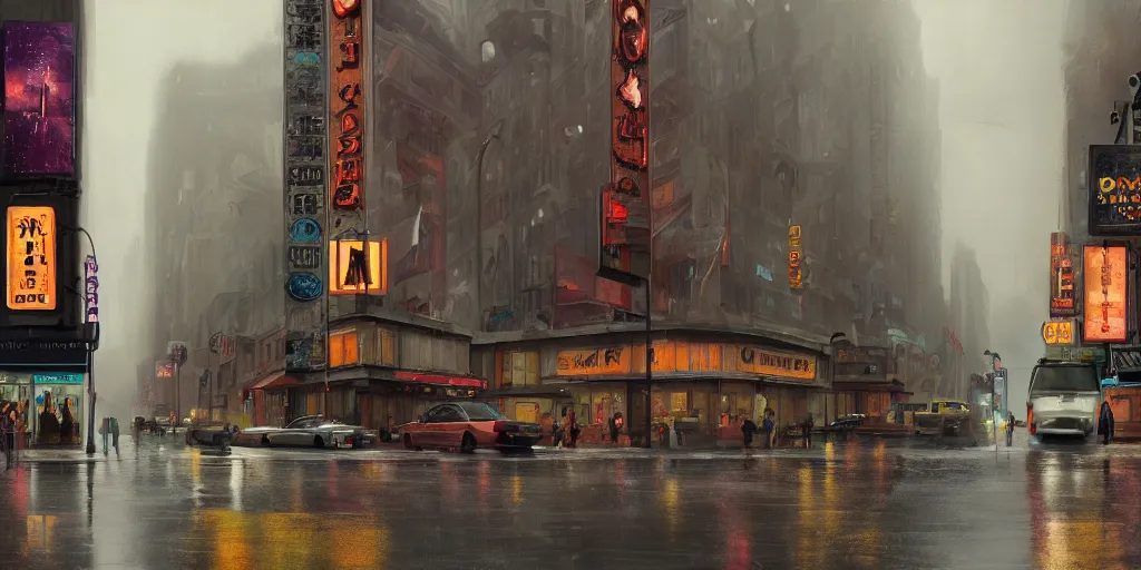 Image similar to an old cinema, new york, rainy day, matte painting, studio ghibli, artstation